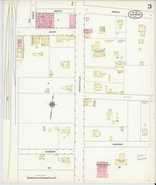Sanborn Fire Insurance Map from Asheboro, Randolph County, North Carolina (1910), Sheet #0003 - Historic Sanborn Fire Insurance Map Print, vintage old map wall art, antique decor, genealogy gift, North Carolina North Carolina map