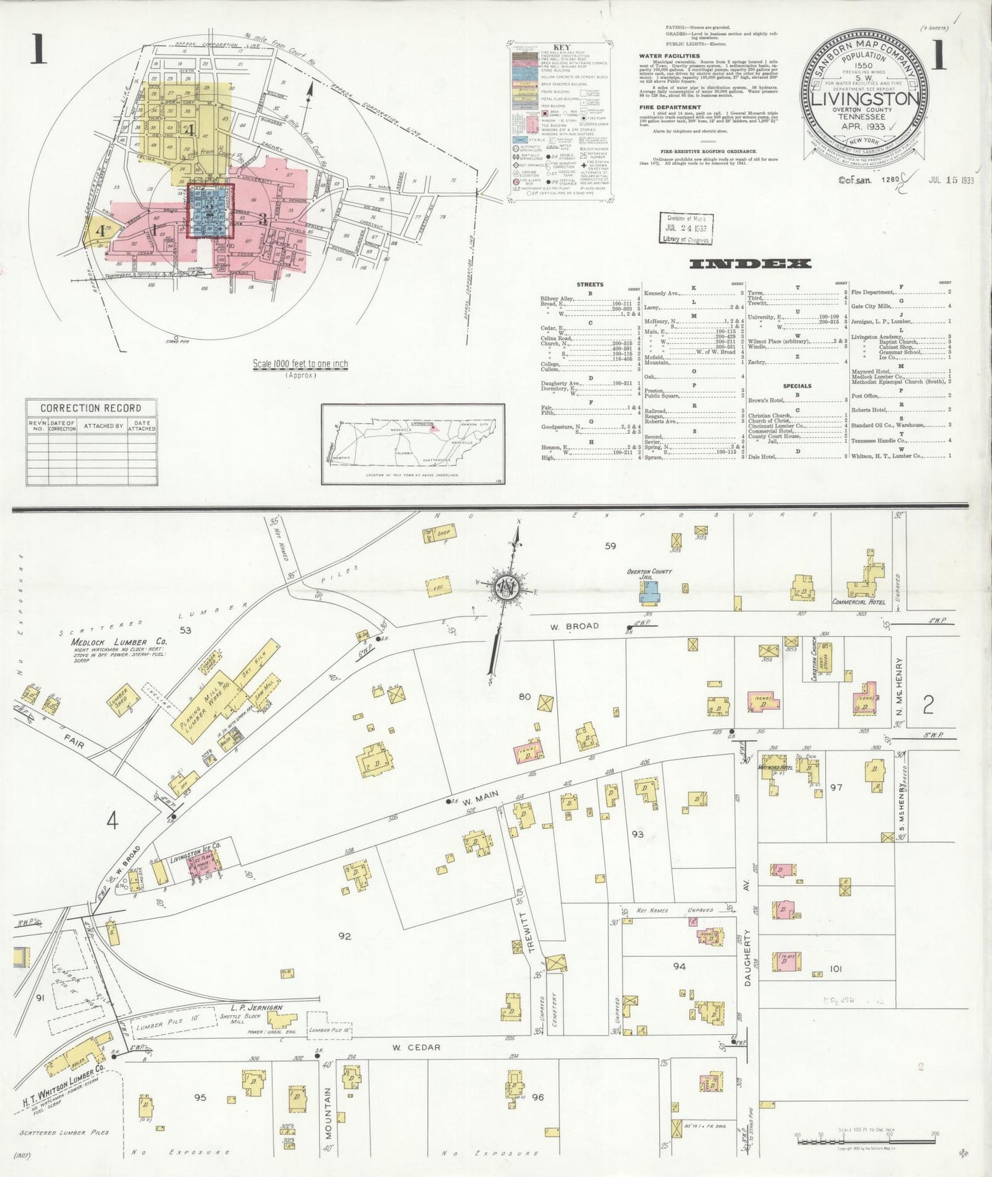 Sanborn Fire Insurance Map from Livingston, Overton County, Tennessee. (1933) – Historic Sanborn Fire Insurance Map Print