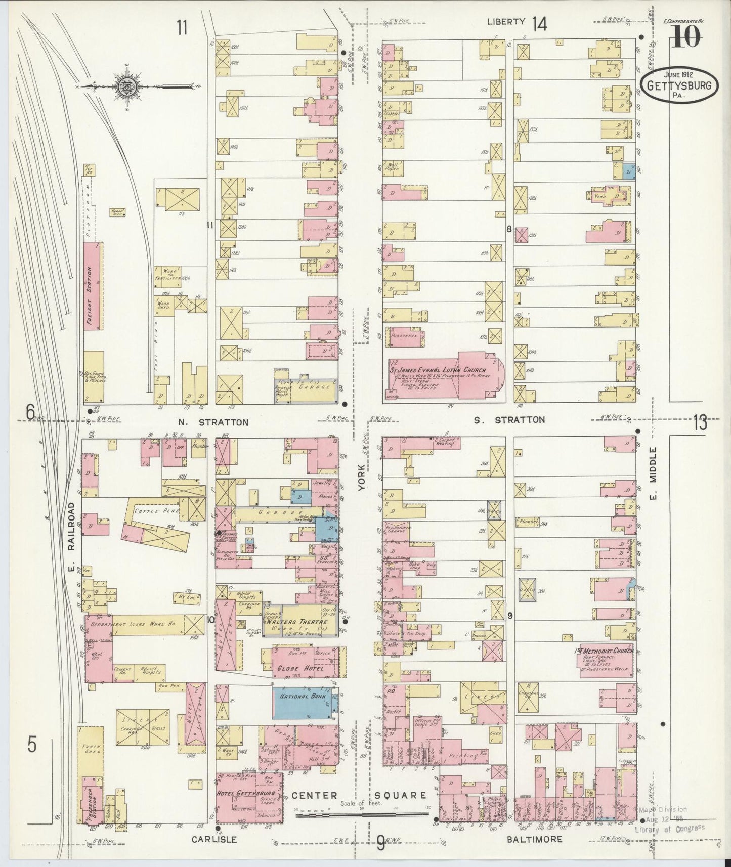 Sanborn Fire Insurance Map from Gettysburg, Adams County, Pennsylvania (1912), Sheet #0010 - Historic Sanborn Fire Insurance Map Print, vintage old map wall art, antique decor, genealogy gift, Pennsylvania Pennsylvania map