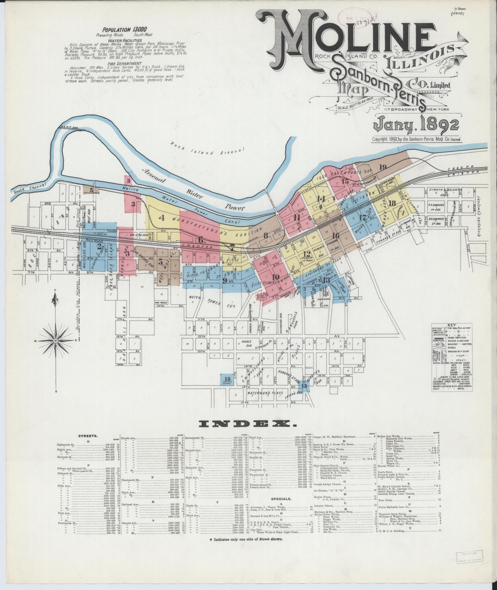 Sanborn Fire Insurance Map from Moline, Rock Island County, Illinois (1892), Sheet #0001 - Complete Map Set gallery image, historic Sanborn map, vintage wall art, Illinois Illinois