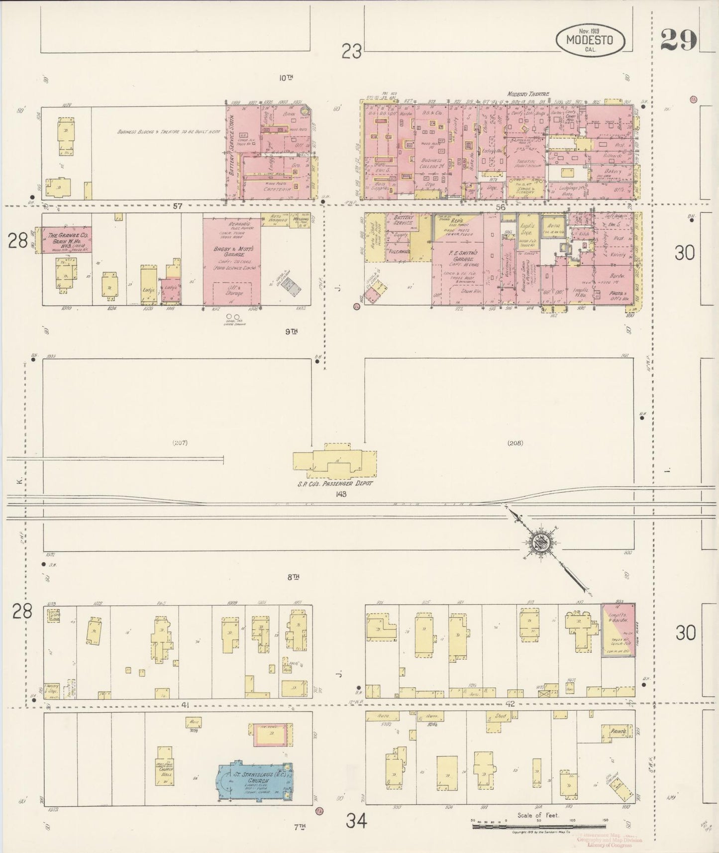 Sanborn Fire Insurance Map from Modesto, Stanislaus County, California (1919), Sheet #0029 - Complete Map Set gallery image, historic Sanborn map, vintage wall art, California California