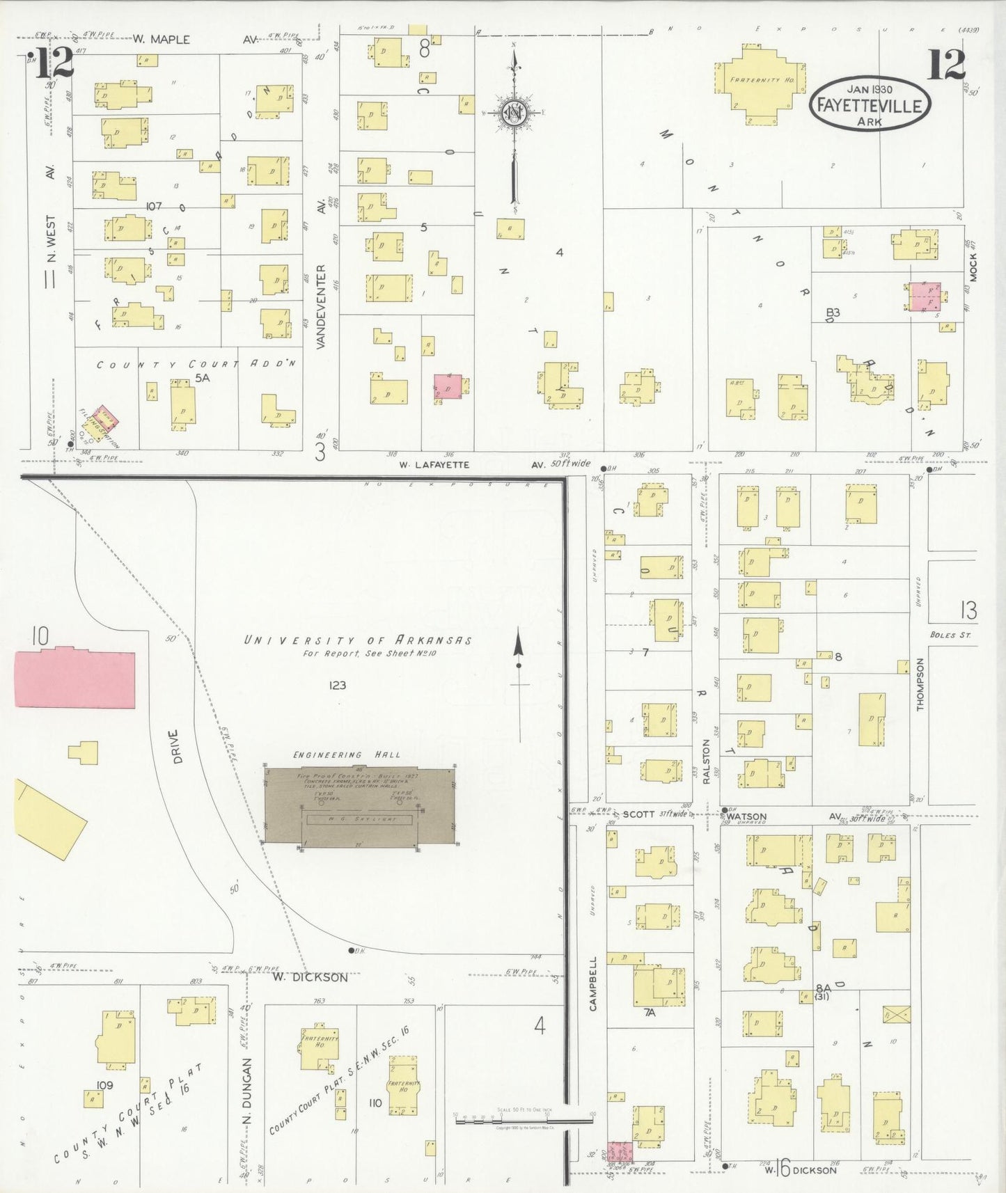 Sanborn Fire Insurance Map from Fayetteville, Washington County, Arkansas (1930), Sheet #0012 - Complete Map Set gallery image, historic Sanborn map, vintage wall art, Arkansas Arkansas