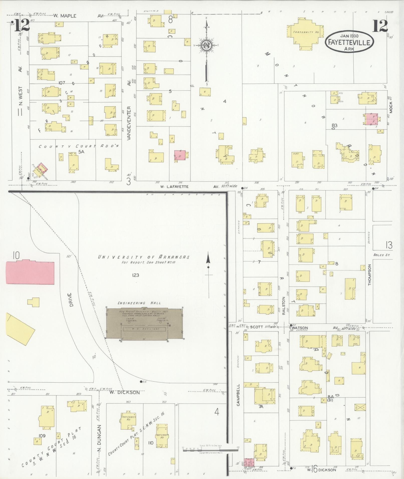 Sanborn Fire Insurance Map from Fayetteville, Washington County, Arkansas (1930), Sheet #0012 - Complete Map Set gallery image, historic Sanborn map, vintage wall art, Arkansas Arkansas