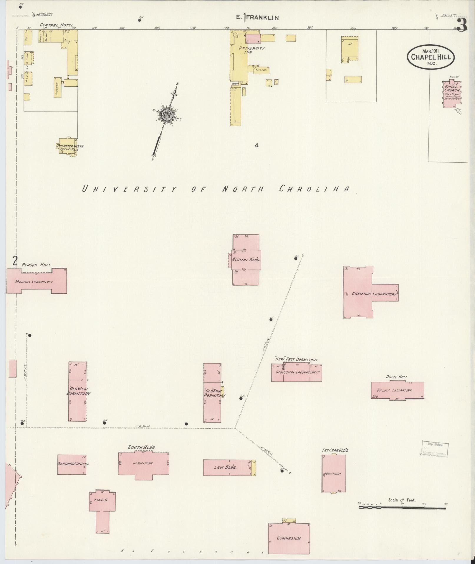 Sanborn Fire Insurance Map from Chapel Hill, Orange County, North Carolina (1911), Sheet #0003 - Complete Map Set gallery image, historic Sanborn map, vintage wall art, North Carolina North Carolina