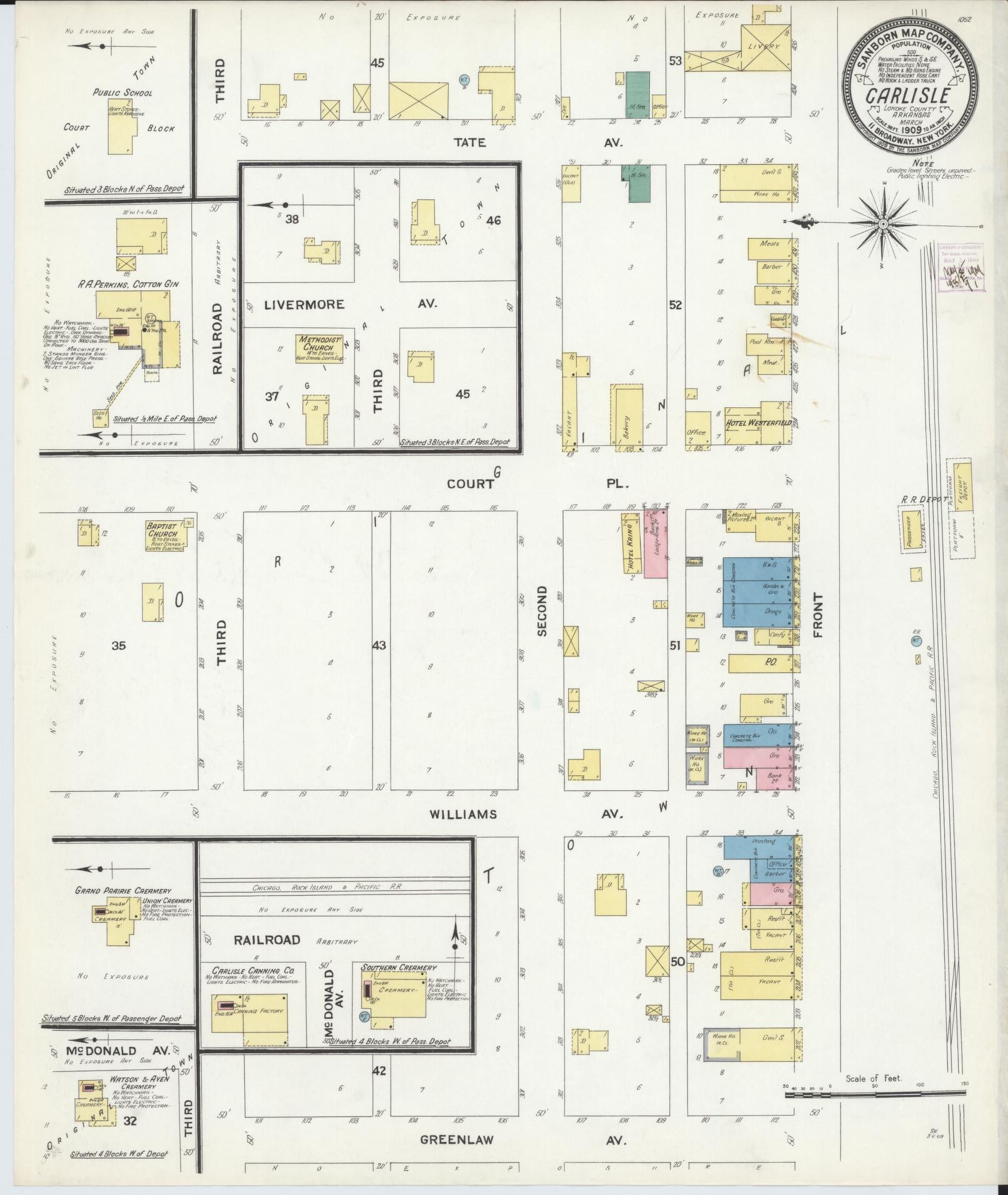 Sanborn Fire Insurance Map from Carlisle, Lonoke County, Arkansas (1909), Sheet #0001 - Historic Sanborn Fire Insurance Map Print, vintage old map wall art, antique decor, genealogy gift, Arkansas Arkansas map