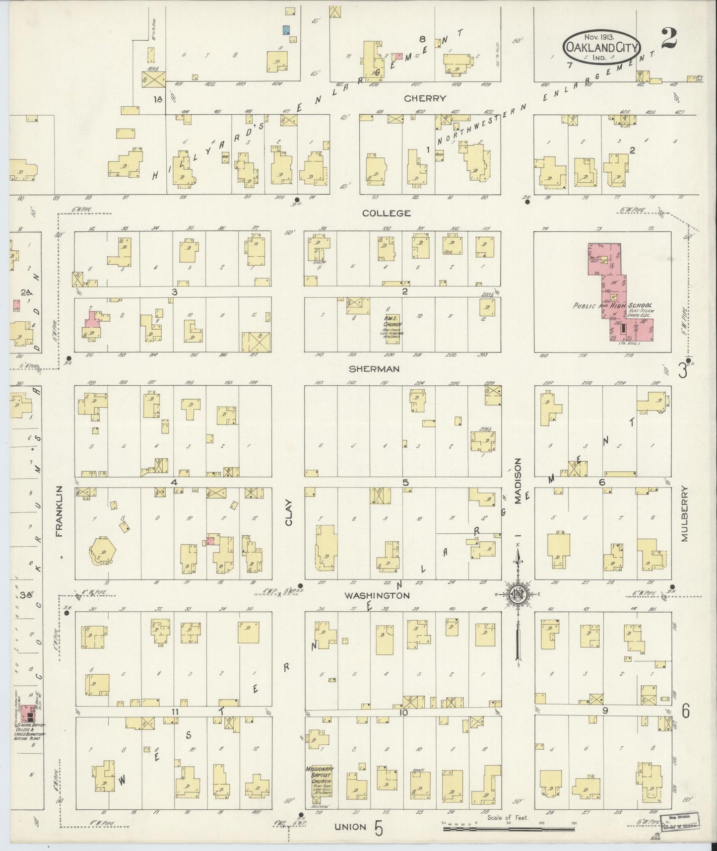 Sanborn Fire Insurance Map from Oakland City, Gibson County, Indiana (1913), Sheet #0002 - Complete Map Set gallery image, historic Sanborn map, vintage wall art, Indiana Indiana