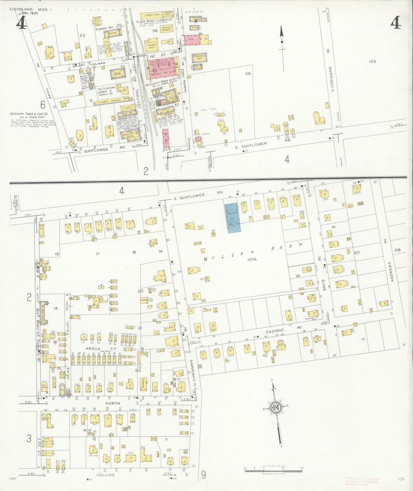 Sanborn Fire Insurance Map from Cleveland, Bolivar County, Mississippi (1933), Sheet #0004 - Complete Map Set gallery image, historic Sanborn map, vintage wall art, Mississippi Mississippi