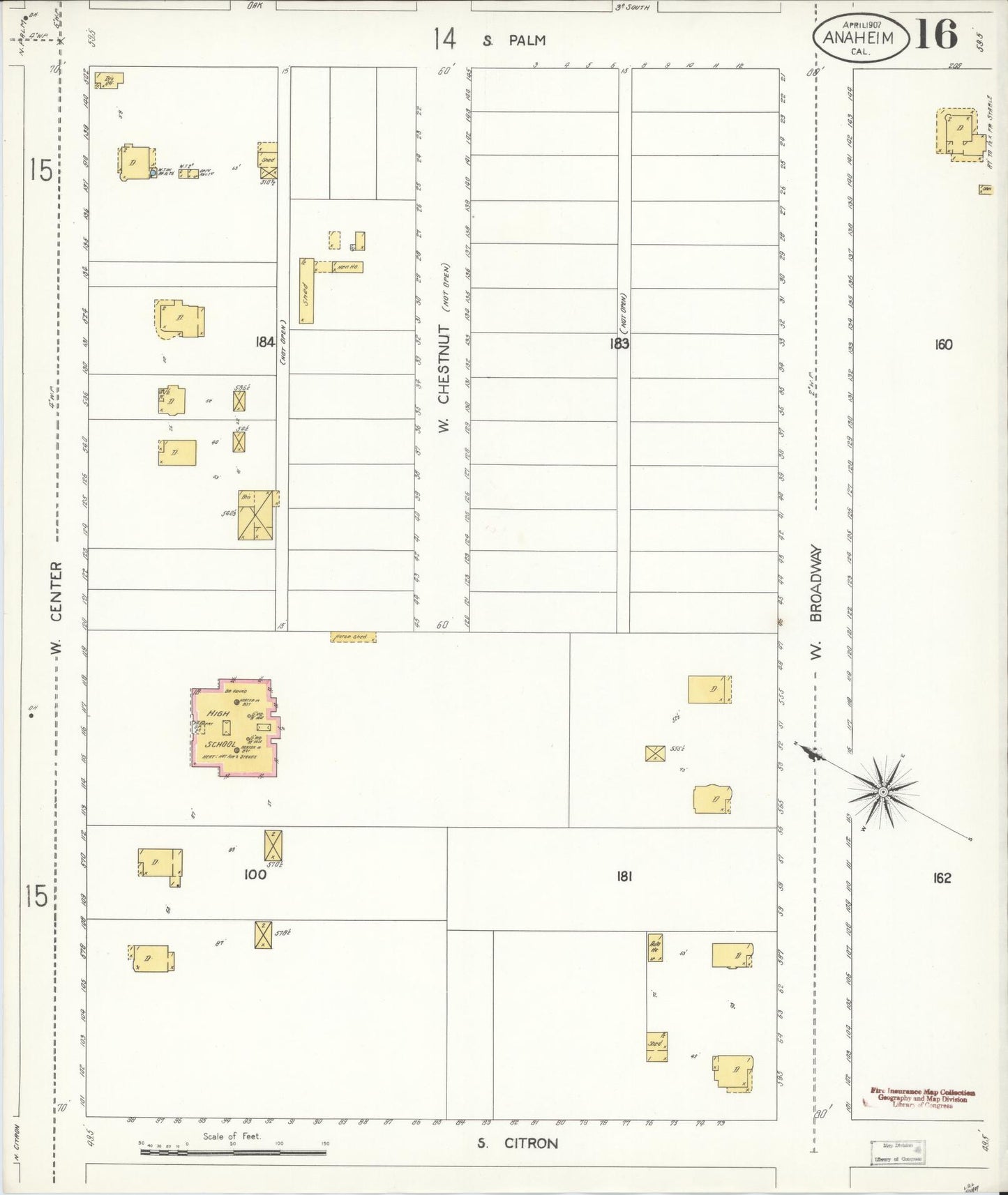 Sanborn Fire Insurance Map from Anaheim, Orange County, California (1907), Sheet #0016 - Historic Sanborn Fire Insurance Map Print, vintage old map wall art, antique decor, genealogy gift, California California map