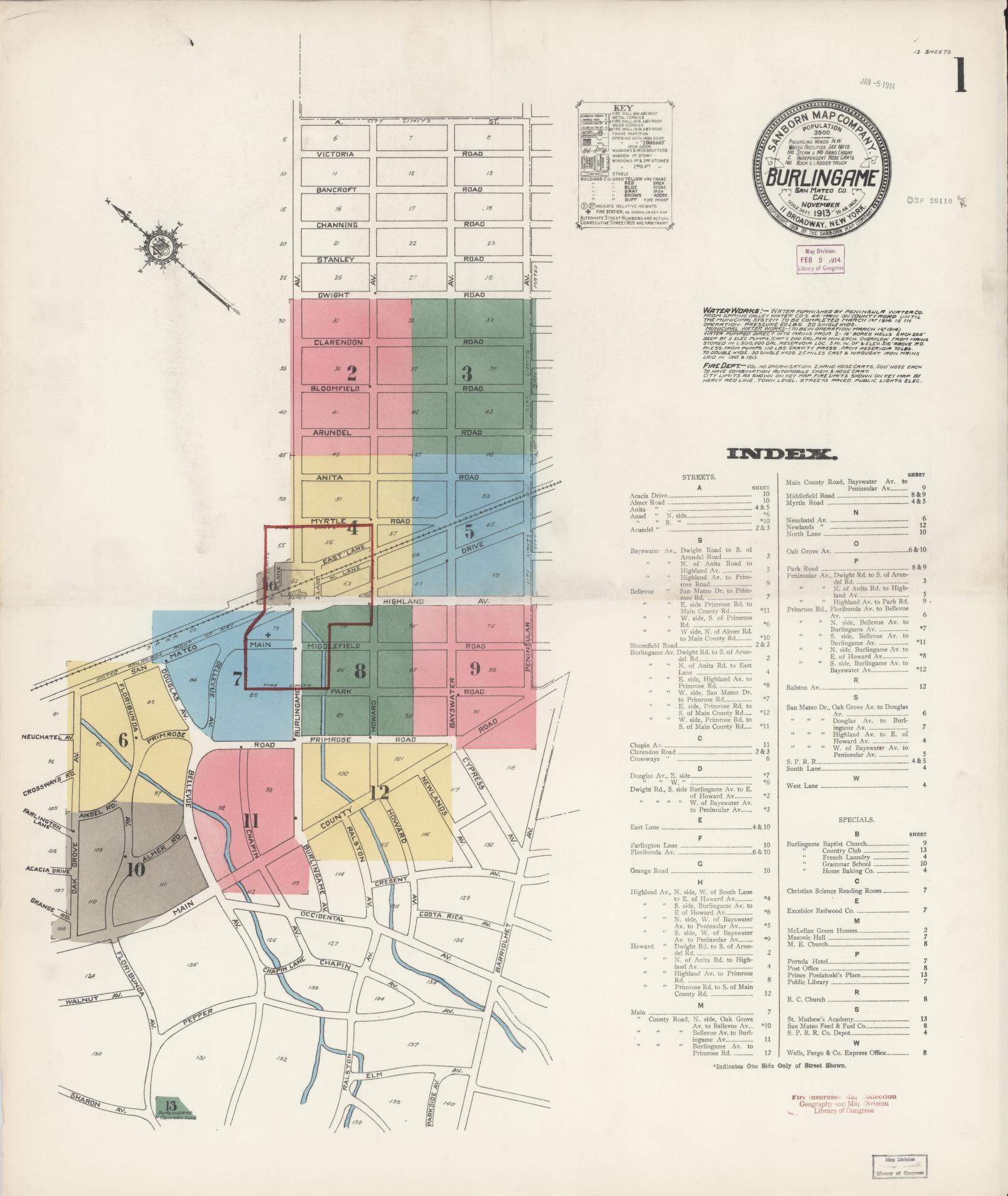 Sanborn Fire Insurance Map from Burlingame, San Mateo County, California (1913), Sheet #0001 - Complete Map Set gallery image, historic Sanborn map, vintage wall art, California California