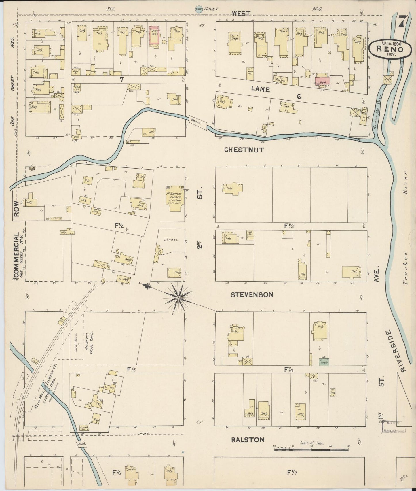 Sanborn Fire Insurance Map from Reno, Washoe County, Nevada (1890), Sheet #0007 - Historic Sanborn Fire Insurance Map Print, vintage old map wall art, antique decor, genealogy gift, Nevada Nevada map