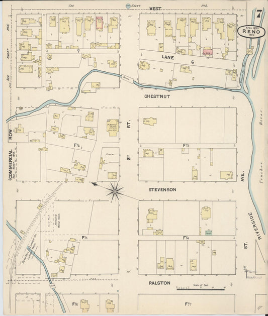 Sanborn Fire Insurance Map from Reno, Washoe County, Nevada (1890), Sheet #0007 - Historic Sanborn Fire Insurance Map Print, vintage old map wall art, antique decor, genealogy gift, Nevada Nevada map