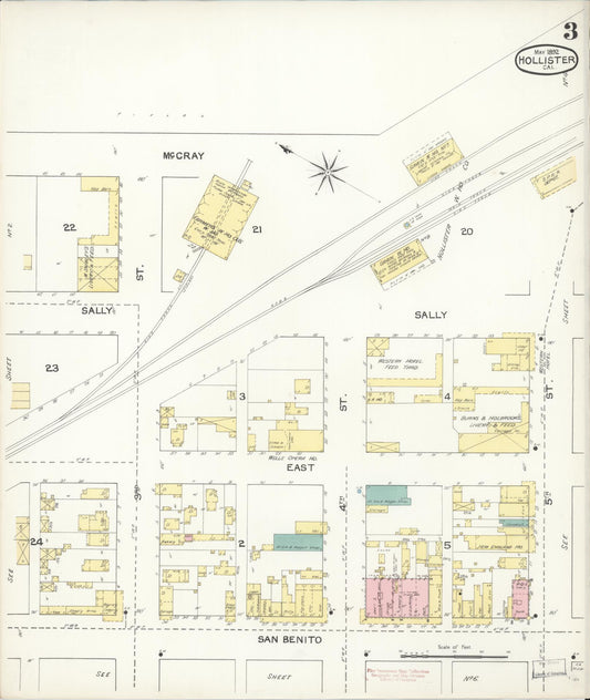 Sanborn Fire Insurance Map from Hollister, San Benito County, California (1892), Sheet #0003 - Historic Sanborn Fire Insurance Map Print, vintage old map wall art, antique decor, genealogy gift, California California map