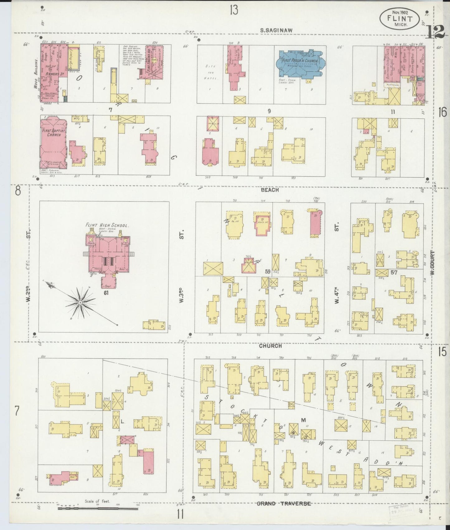 Sanborn Fire Insurance Map from Flint, Genesee County, Michigan (1902), Sheet #0012 - Historic Sanborn Fire Insurance Map Print, vintage old map wall art, antique decor, genealogy gift, Michigan Michigan map