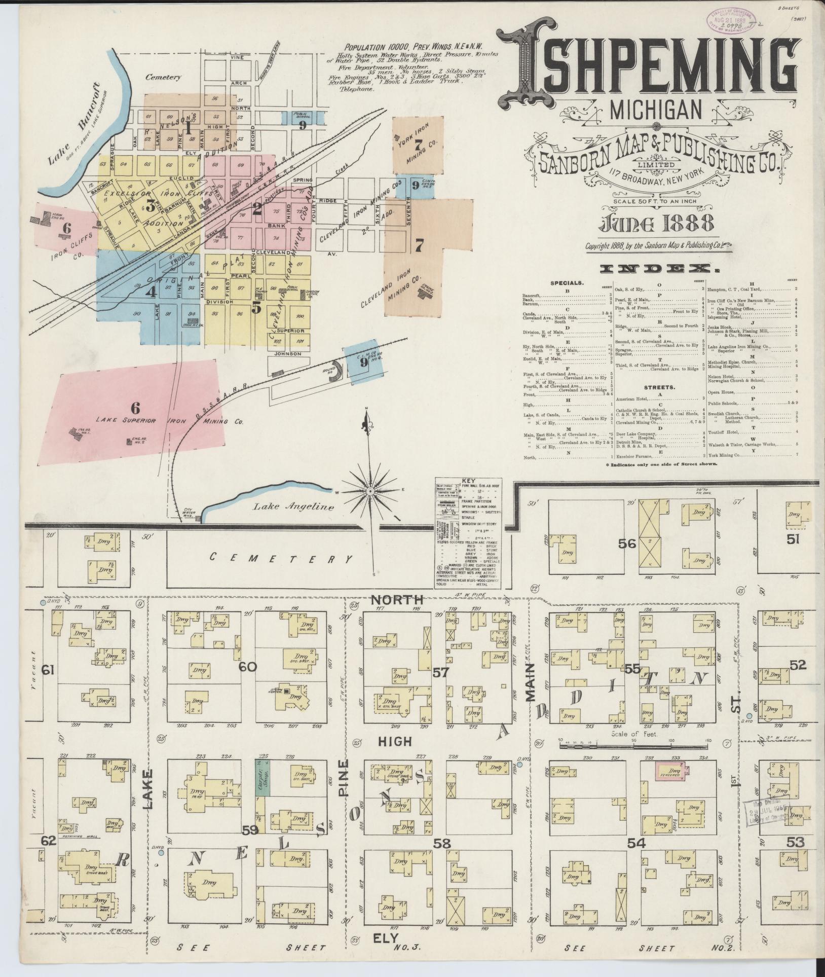 Sanborn Fire Insurance Map from Ishpeming, Marquette County, Michigan (1888), Sheet #0001 - Historic Sanborn Fire Insurance Map Print, vintage old map wall art, antique decor, genealogy gift, Michigan Michigan map