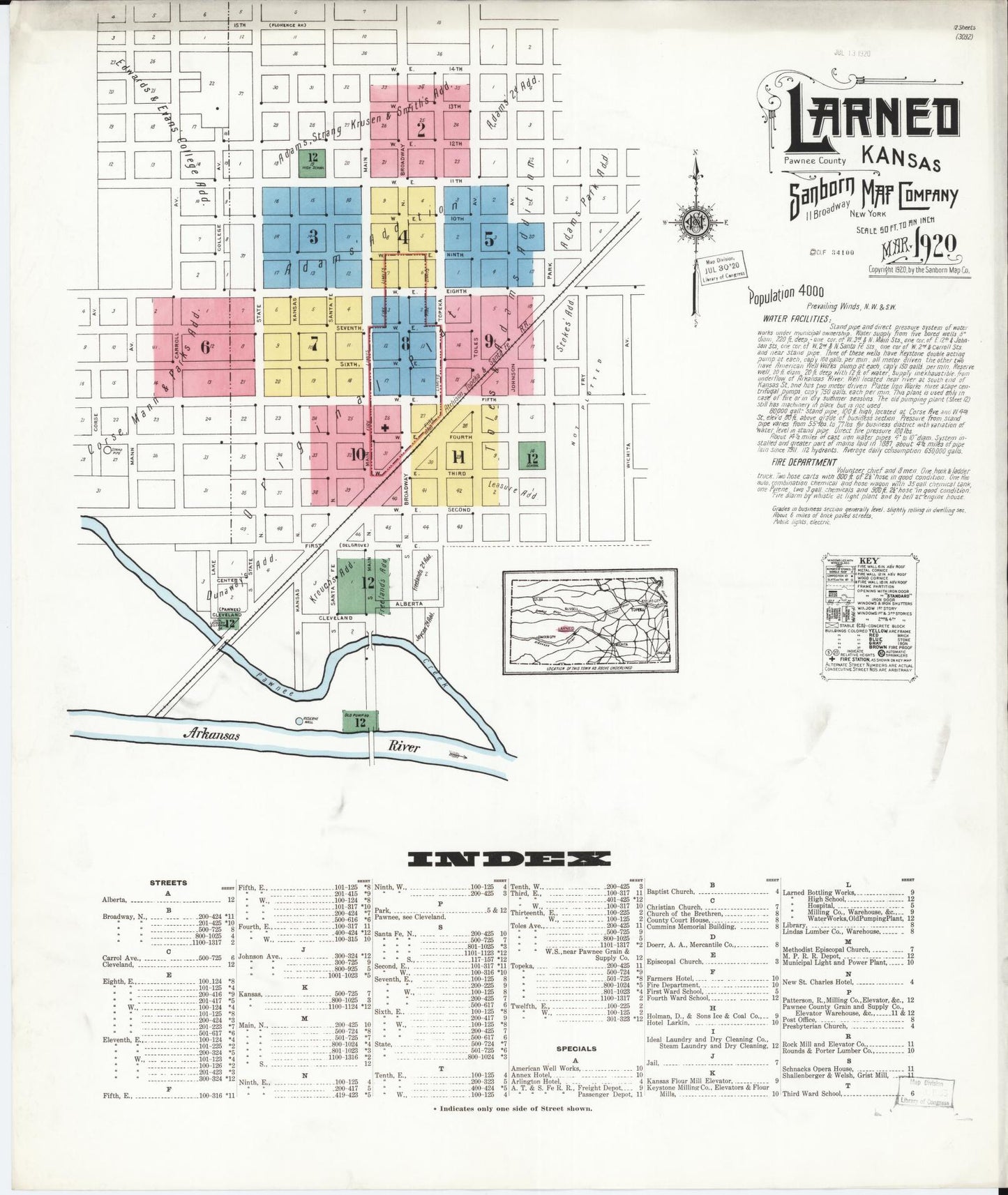 Sanborn Fire Insurance Map from Larned, Pawnee County, Kansas (1920), Sheet #0001 - Historic Sanborn Fire Insurance Map Print, vintage old map wall art, antique decor, genealogy gift, Kansas Kansas map