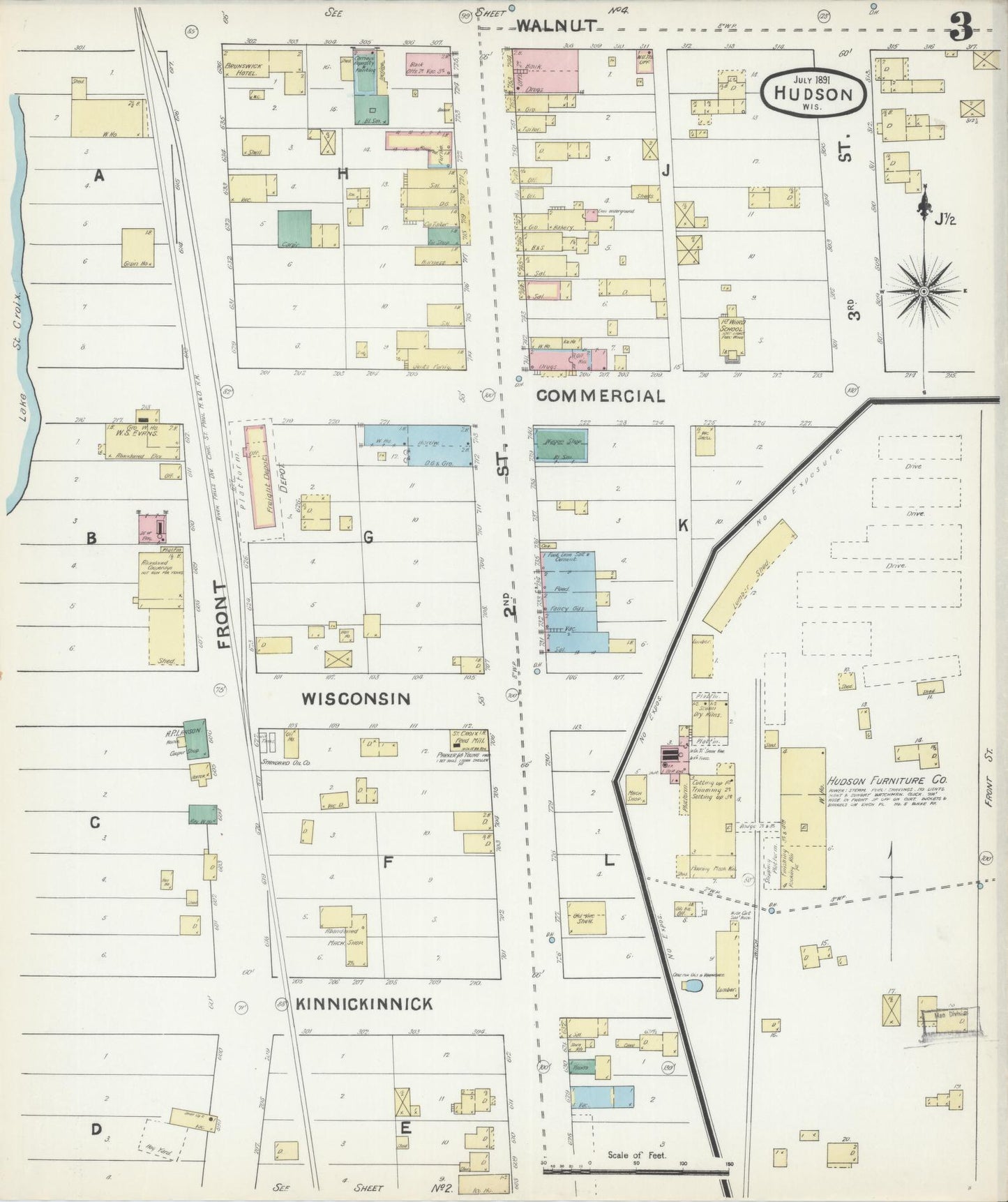 Sanborn Fire Insurance Map from Hudson, St. Croix County, Wisconsin (1891), Sheet #0003 - Historic Sanborn Fire Insurance Map Print, vintage old map wall art, antique decor, genealogy gift, Wisconsin Wisconsin map
