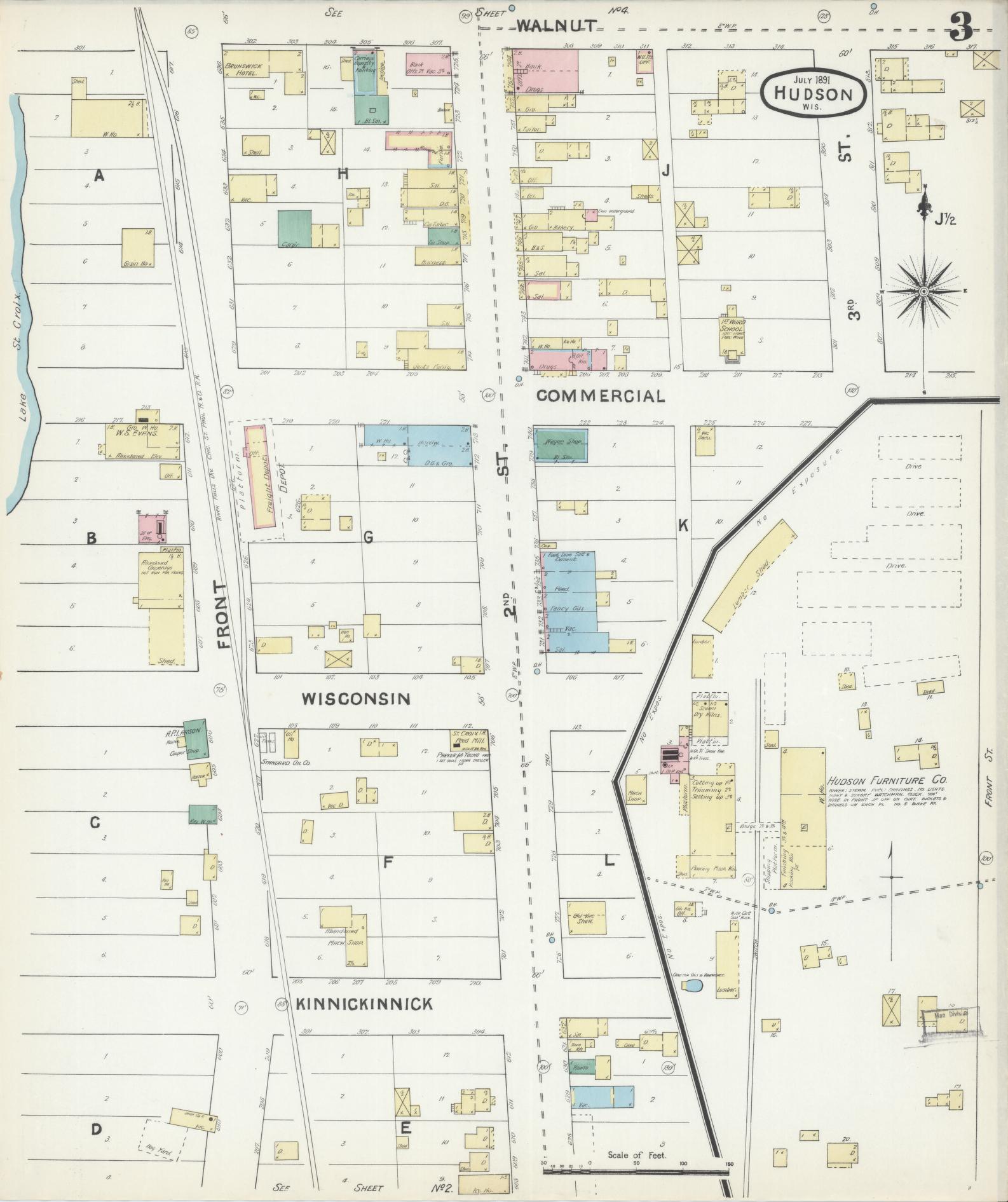 Sanborn Fire Insurance Map from Hudson, St. Croix County, Wisconsin (1891), Sheet #0003 - Historic Sanborn Fire Insurance Map Print, vintage old map wall art, antique decor, genealogy gift, Wisconsin Wisconsin map