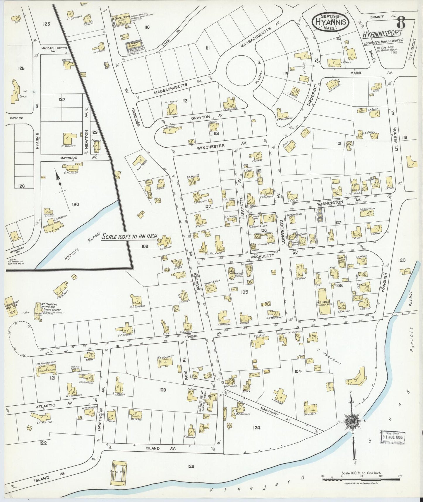 Sanborn Fire Insurance Map from Hyannis, Barnstable County, Massachusetts (1919), Sheet #0008 - Historic Sanborn Fire Insurance Map Print, vintage old map wall art, antique decor, genealogy gift, Massachusetts Massachusetts map