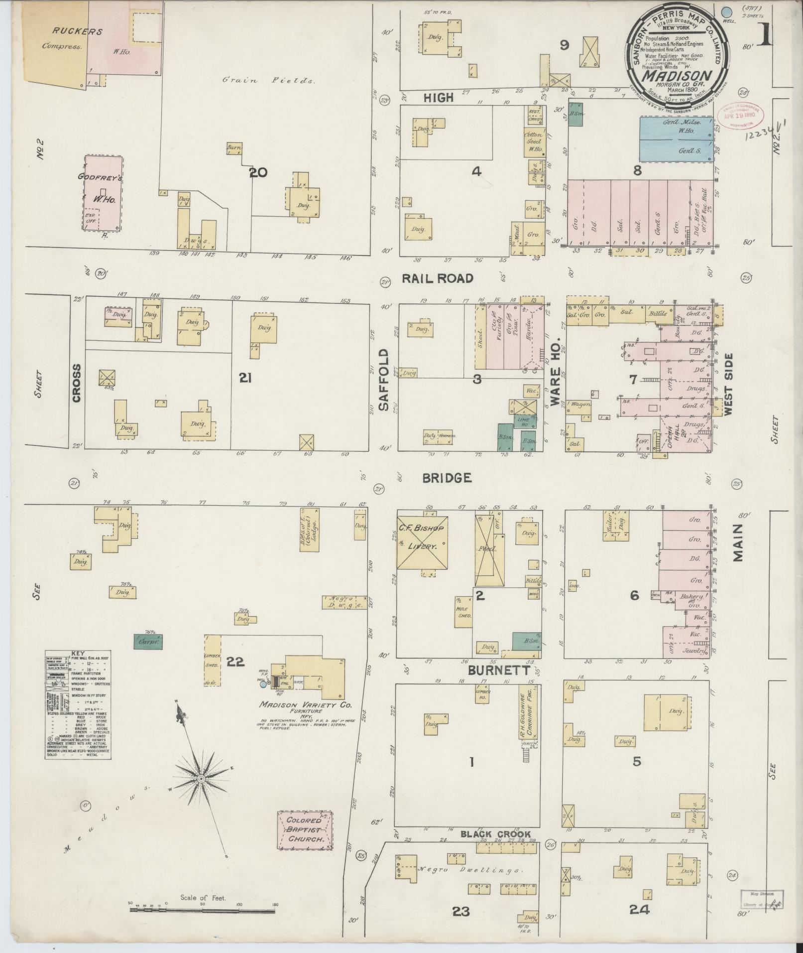 Sanborn Fire Insurance Map from Madison, Morgan County, Georgia (1890), Sheet #0001 - Historic Sanborn Fire Insurance Map Print, vintage old map wall art, antique decor, genealogy gift, Georgia Georgia map
