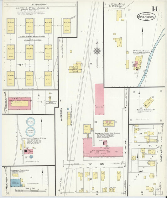 Sanborn Fire Insurance Map from Greensburg, Decatur County, Indiana (1913), Sheet #0014 - Historic Sanborn Fire Insurance Map Print, vintage old map wall art, antique decor, genealogy gift, Indiana Indiana map