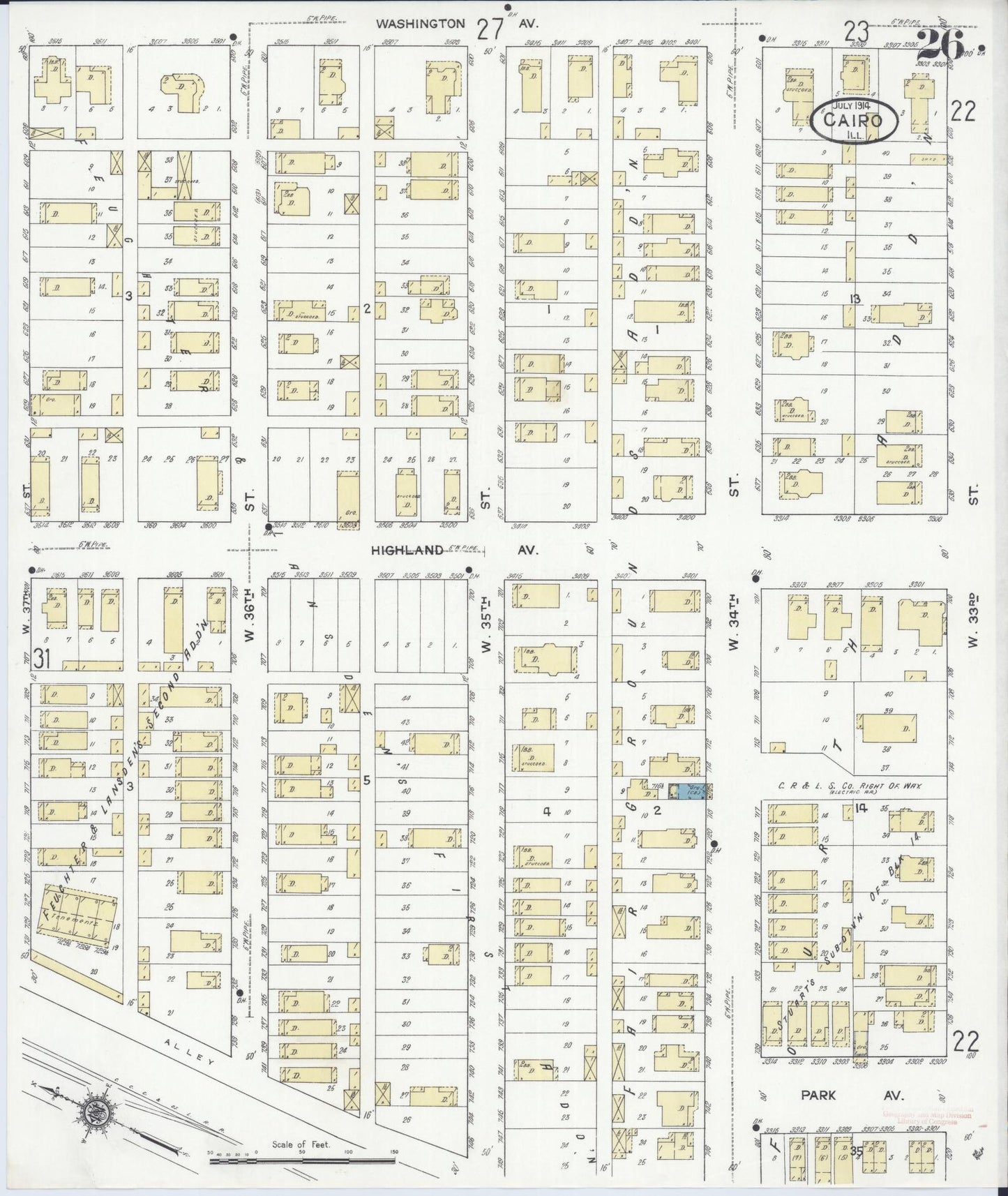 Sanborn Fire Insurance Map from Cairo, Alexander County, Illinois (1914), Sheet #0026 - Historic Sanborn Fire Insurance Map Print, vintage old map wall art, antique decor, genealogy gift, Illinois Illinois map