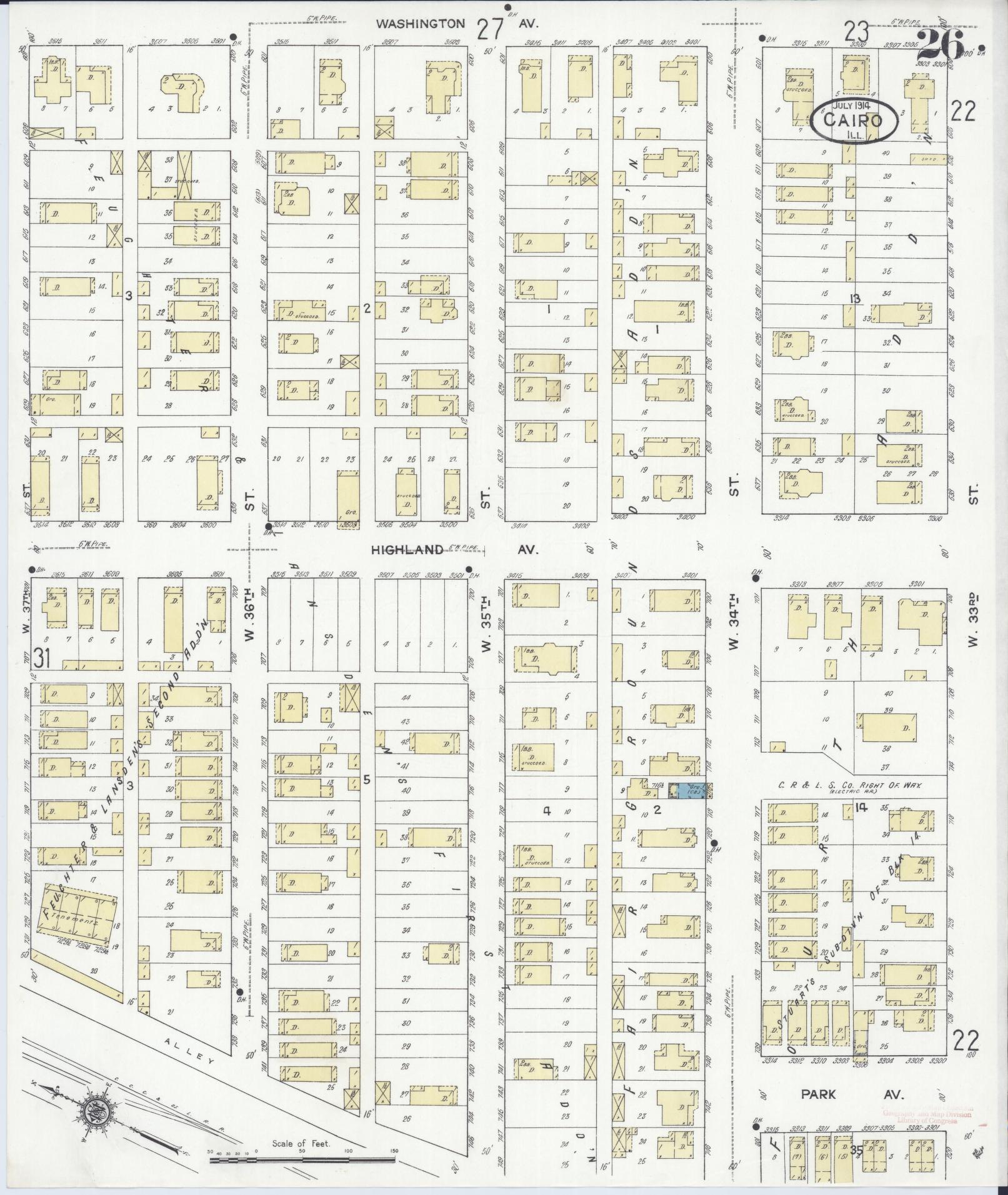 Sanborn Fire Insurance Map from Cairo, Alexander County, Illinois (1914), Sheet #0026 - Historic Sanborn Fire Insurance Map Print, vintage old map wall art, antique decor, genealogy gift, Illinois Illinois map