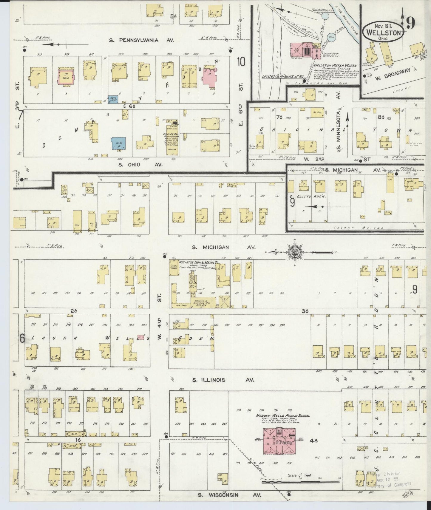 Sanborn Fire Insurance Map from Wellston, Jackson County, Ohio (1911), Sheet #0009 - Complete Map Set gallery image, historic Sanborn map, vintage wall art, Ohio Ohio