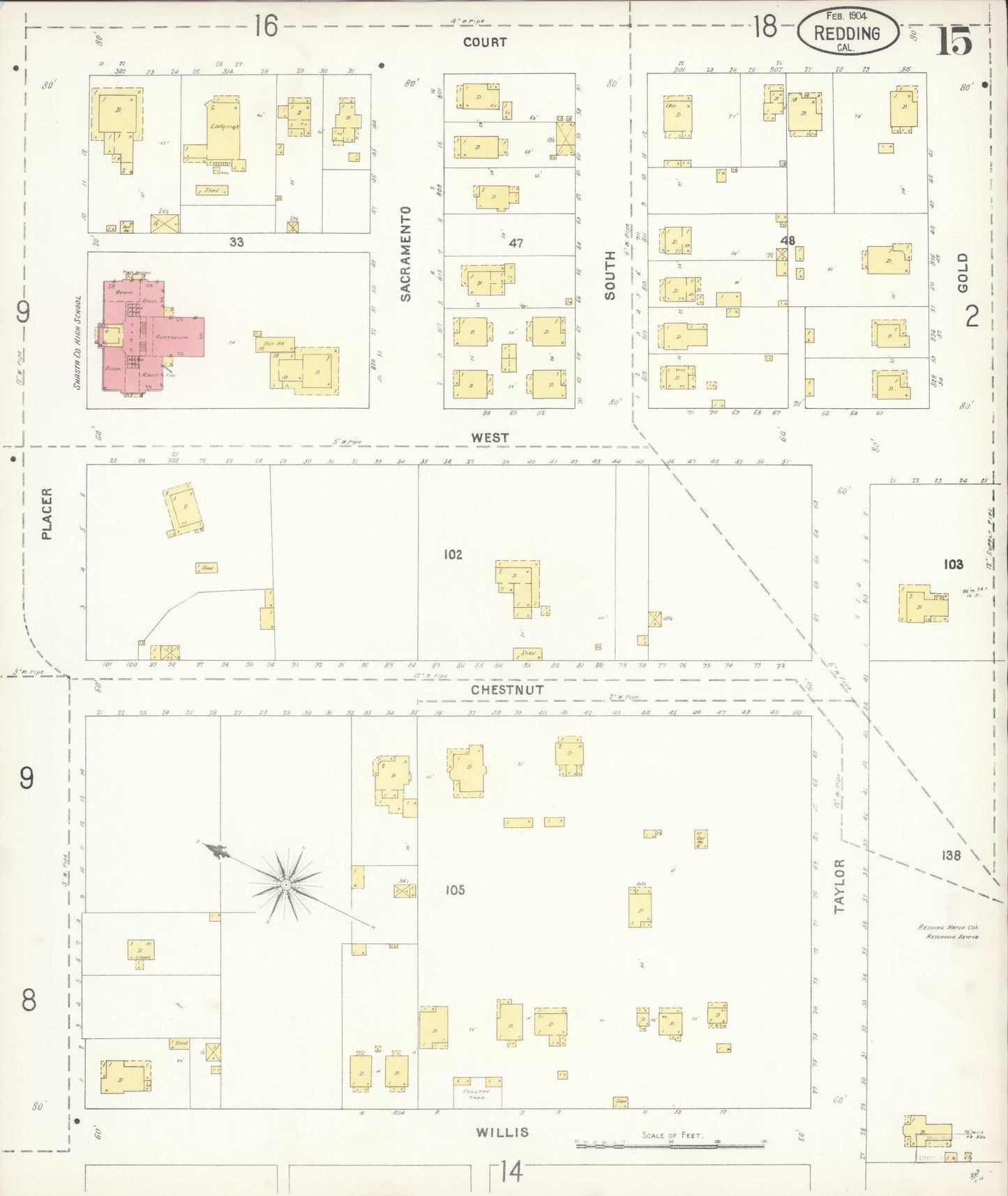Sanborn Fire Insurance Map from Redding, Shasta County, California (1904), Sheet #0015 - Complete Map Set gallery image, historic Sanborn map, vintage wall art, California California