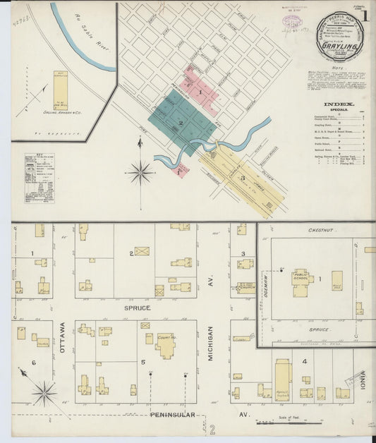 Sanborn Fire Insurance Map from Grayling, Crawford County, Michigan (1893), Sheet #0001 - Historic Sanborn Fire Insurance Map Print, vintage old map wall art, antique decor, genealogy gift, Michigan Michigan map