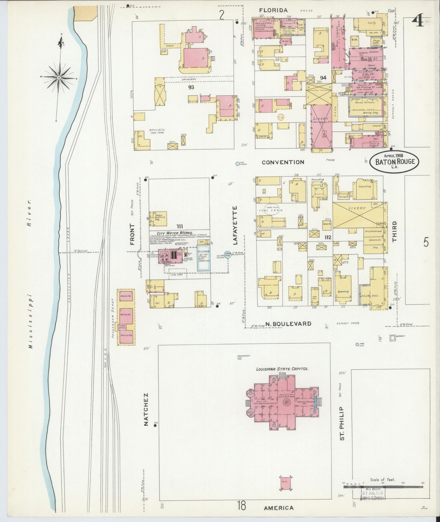 Sanborn Fire Insurance Map from Baton Rouge, East Baton Rouge Parish, Louisiana (1908), Sheet #0004 - Historic Sanborn Fire Insurance Map Print, vintage old map wall art, antique decor, genealogy gift, Louisiana Louisiana map