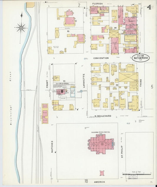 Sanborn Fire Insurance Map from Baton Rouge, East Baton Rouge Parish, Louisiana (1908), Sheet #0004 - Historic Sanborn Fire Insurance Map Print, vintage old map wall art, antique decor, genealogy gift, Louisiana Louisiana map