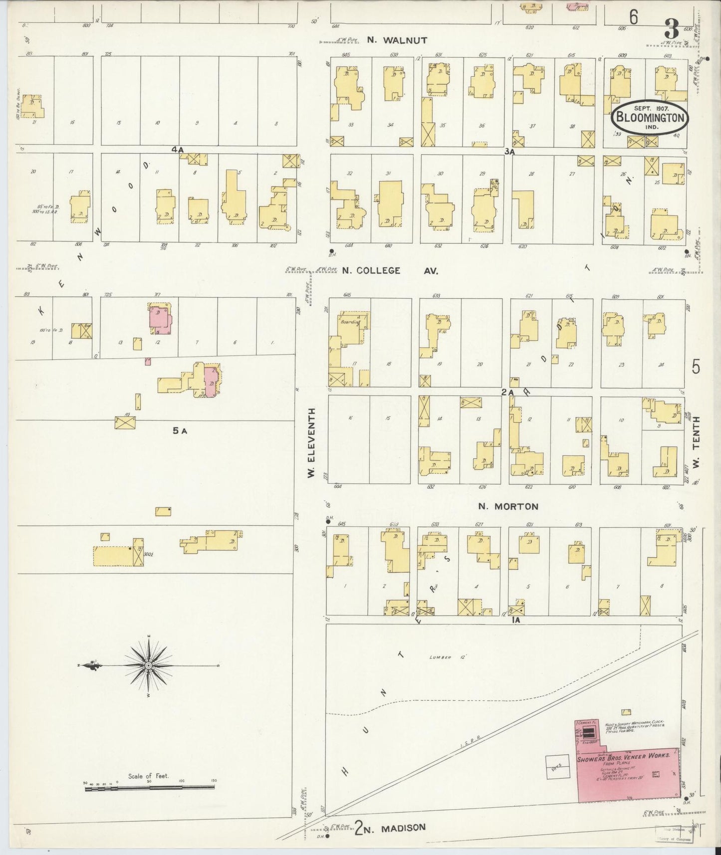 Sanborn Fire Insurance Map from Bloomington, Monroe County, Indiana (1907), Sheet #0003 - Complete Map Set gallery image, historic Sanborn map, vintage wall art, Indiana Indiana
