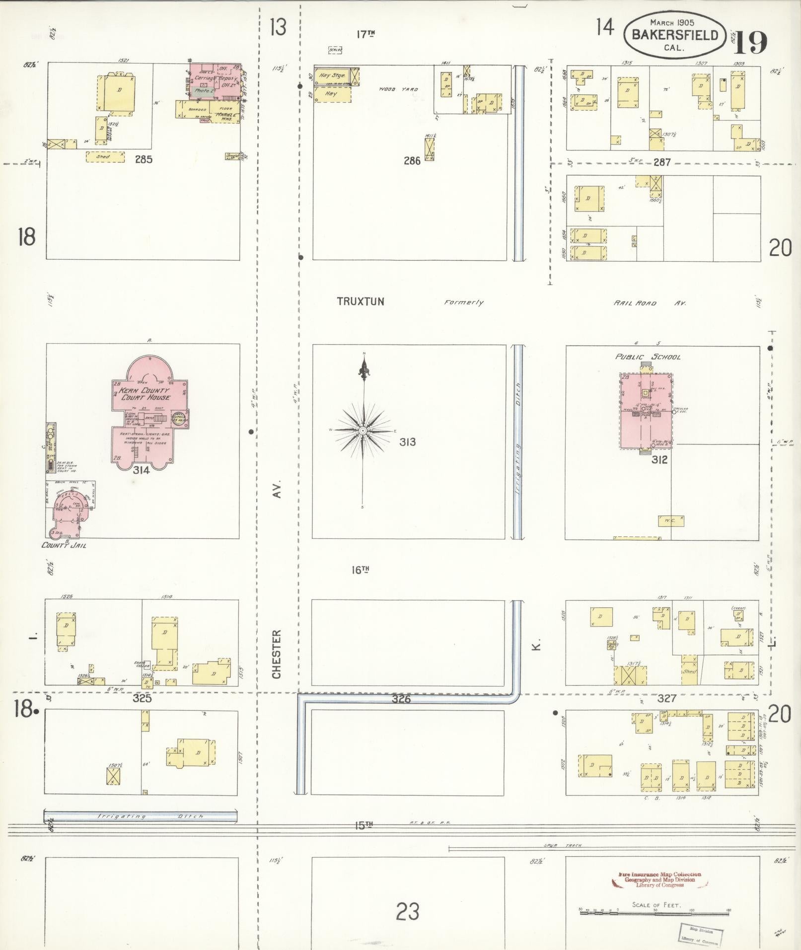 Sanborn Fire Insurance Map from Bakersfield, Kern County, California (1905), Sheet #0019 - Historic Sanborn Fire Insurance Map Print, vintage old map wall art, antique decor, genealogy gift, California California map
