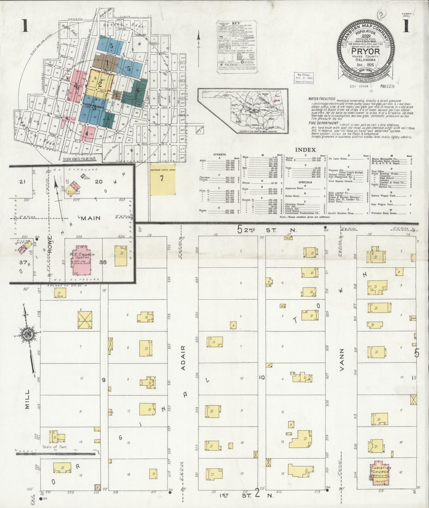 Sanborn Fire Insurance Map from Pryor Creek, Mayes County, Oklahoma (1925), Sheet #0001 - Complete Map Set gallery image, historic Sanborn map, vintage wall art, Oklahoma Oklahoma