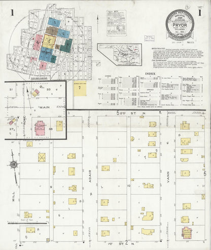 Sanborn Fire Insurance Map from Pryor Creek, Mayes County, Oklahoma (1925), Sheet #0001 - Complete Map Set gallery image, historic Sanborn map, vintage wall art, Oklahoma Oklahoma