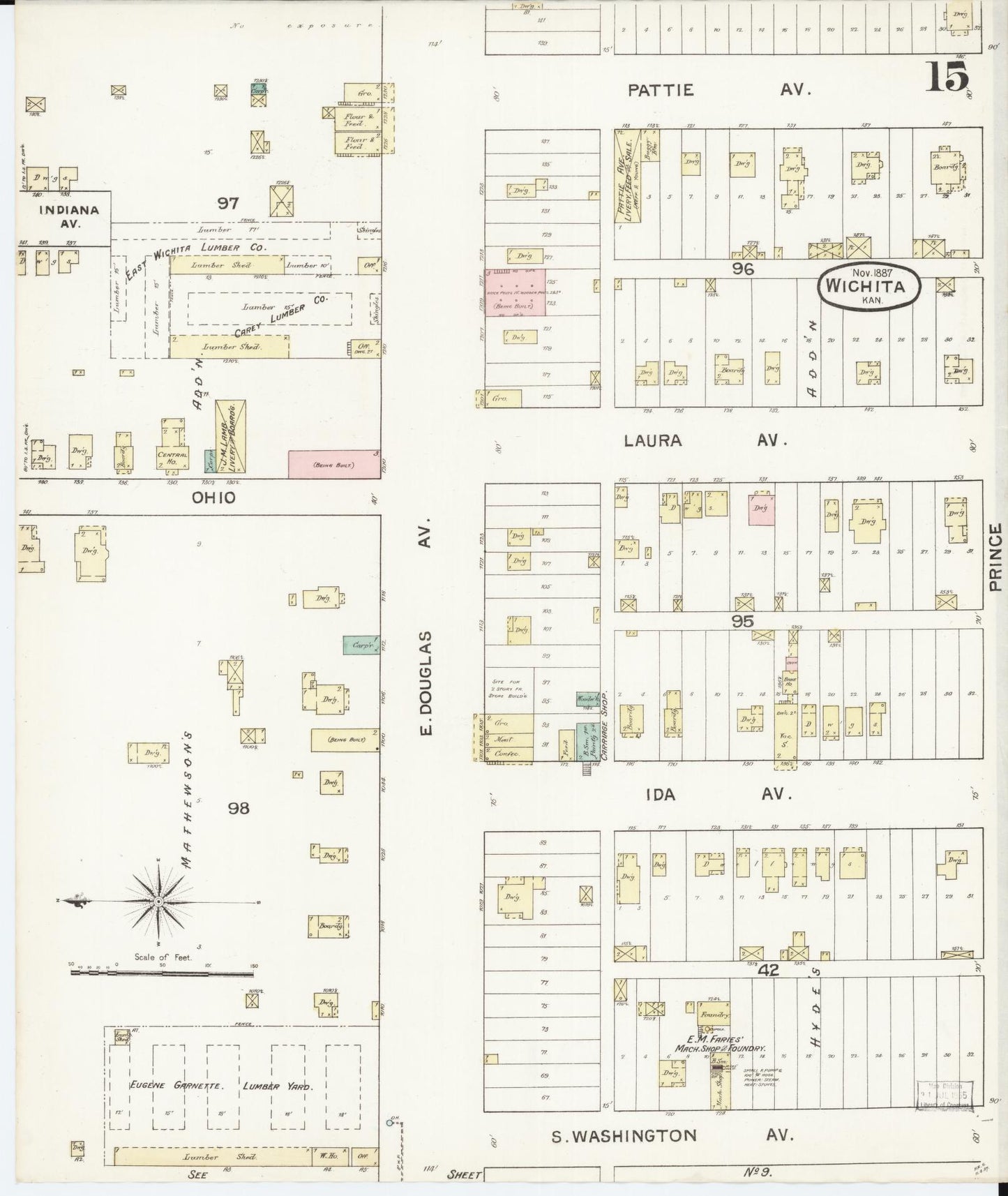 Sanborn Fire Insurance Map from Wichita, Sedgwick County, Kansas (1887), Sheet #0015 - Historic Sanborn Fire Insurance Map Print, vintage old map wall art, antique decor, genealogy gift, Kansas Kansas map