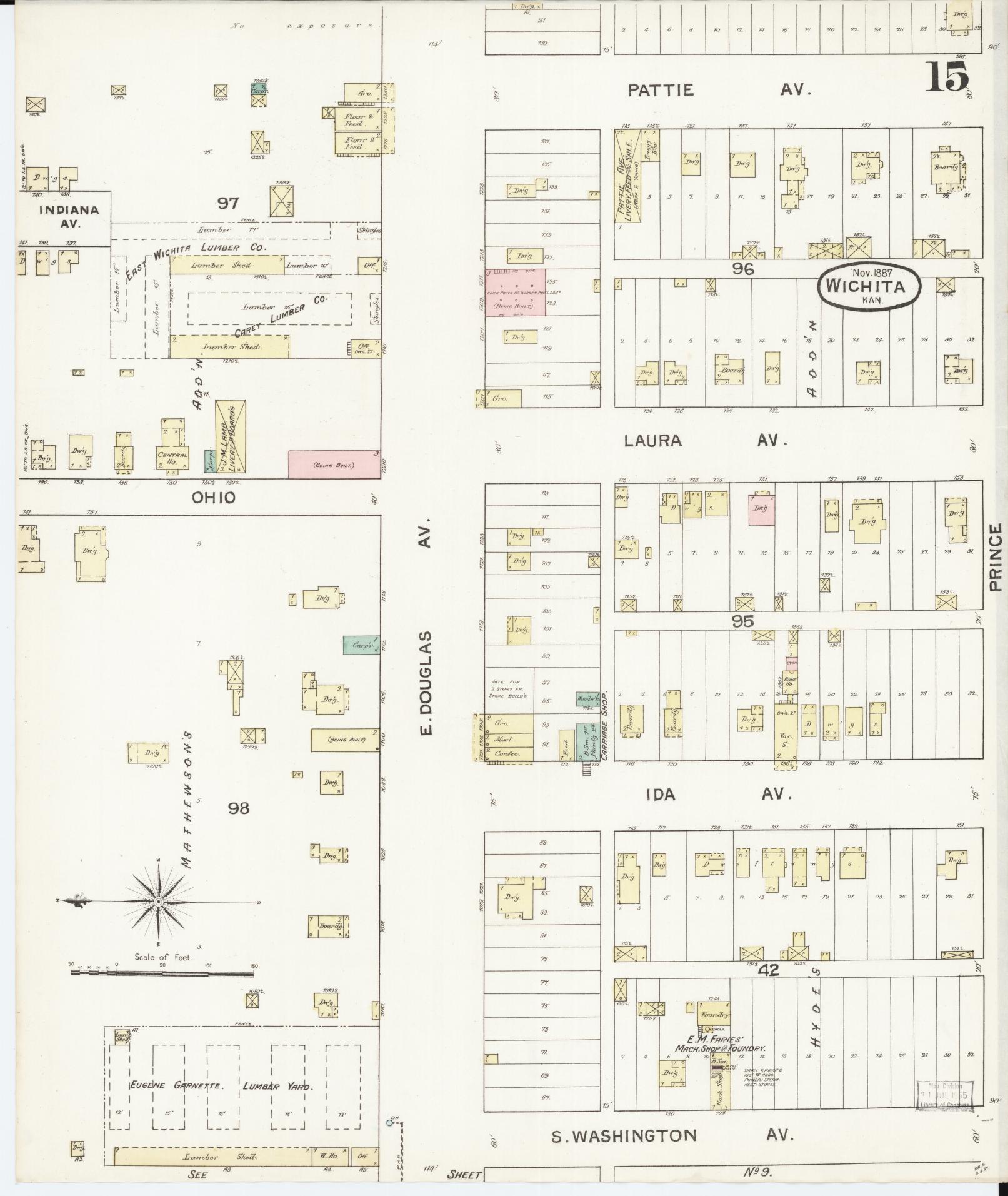 Sanborn Fire Insurance Map from Wichita, Sedgwick County, Kansas (1887), Sheet #0015 - Historic Sanborn Fire Insurance Map Print, vintage old map wall art, antique decor, genealogy gift, Kansas Kansas map