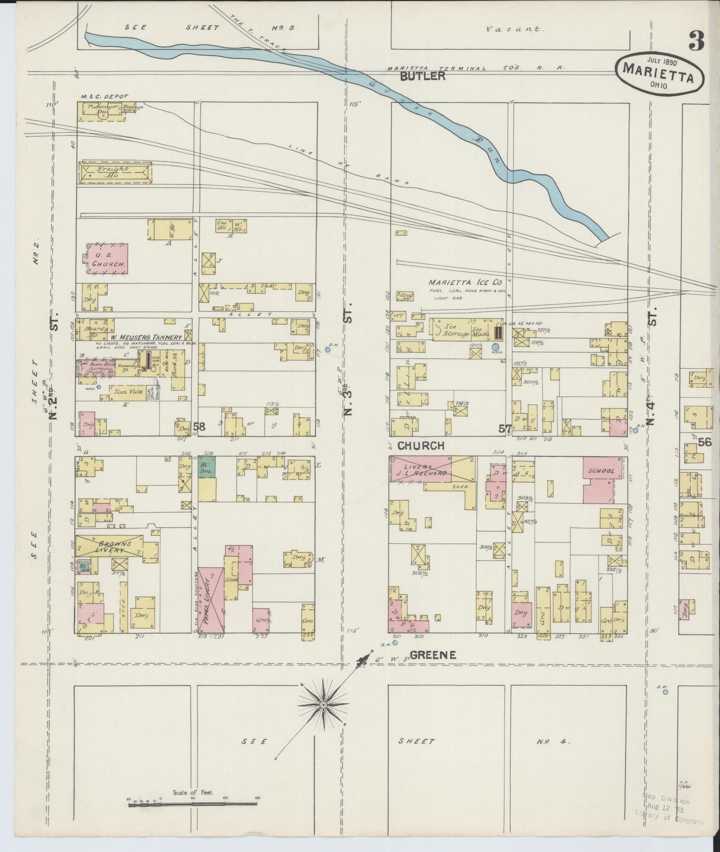 Sanborn Fire Insurance Map from Marietta, Washington County, Ohio (1890), Sheet #0003 - Historic Sanborn Fire Insurance Map Print, vintage old map wall art, antique decor, genealogy gift, Ohio Ohio map