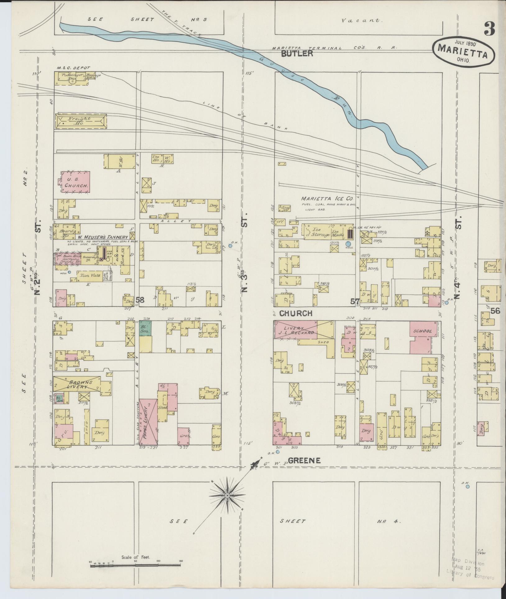 Sanborn Fire Insurance Map from Marietta, Washington County, Ohio (1890), Sheet #0003 - Historic Sanborn Fire Insurance Map Print, vintage old map wall art, antique decor, genealogy gift, Ohio Ohio map