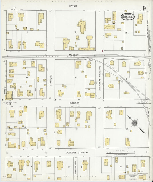 Sanborn Fire Insurance Map from Orange, Orange County, Texas (1919), Sheet #0009 - Historic Sanborn Fire Insurance Map Print, vintage old map wall art, antique decor, genealogy gift, Texas Texas map