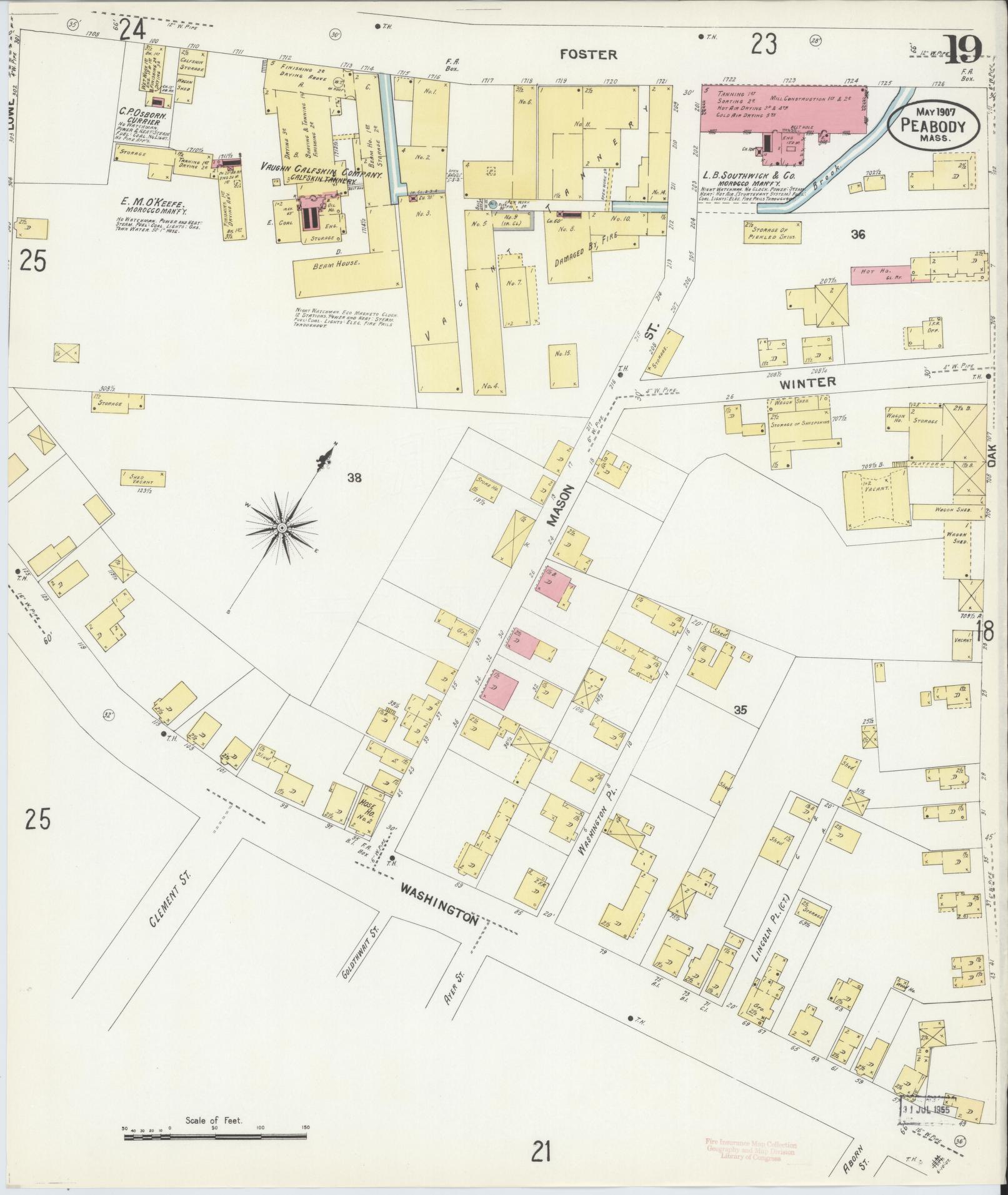 Sanborn Fire Insurance Map from Peabody, Essex County, Massachusetts (1907), Sheet #0019 - Complete Map Set gallery image, historic Sanborn map, vintage wall art, Massachusetts Massachusetts