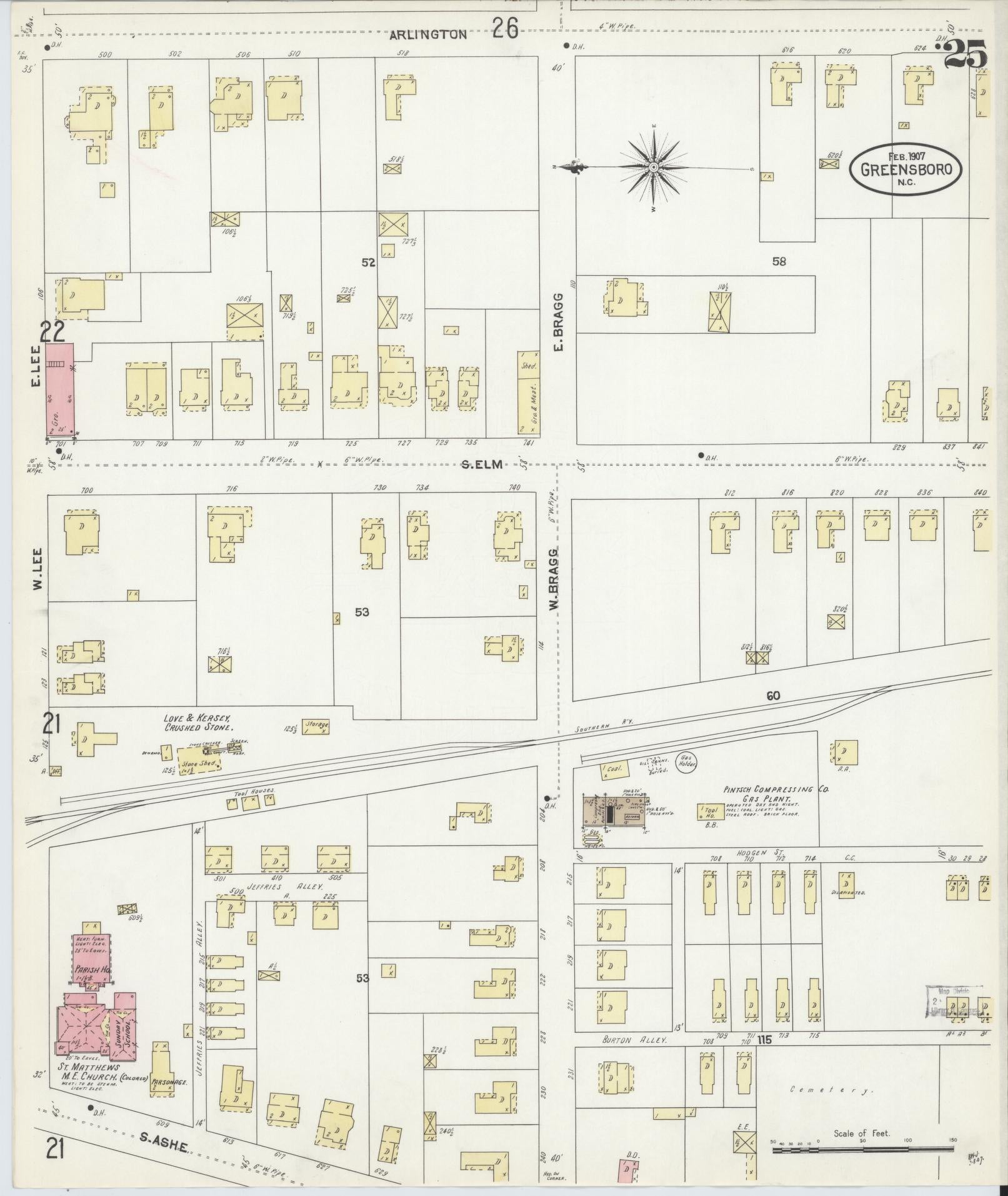 Sanborn Fire Insurance Map from Greensboro, Guilford County, North Carolina (1907), Sheet #0025 - Complete Map Set gallery image, historic Sanborn map, vintage wall art, North Carolina North Carolina