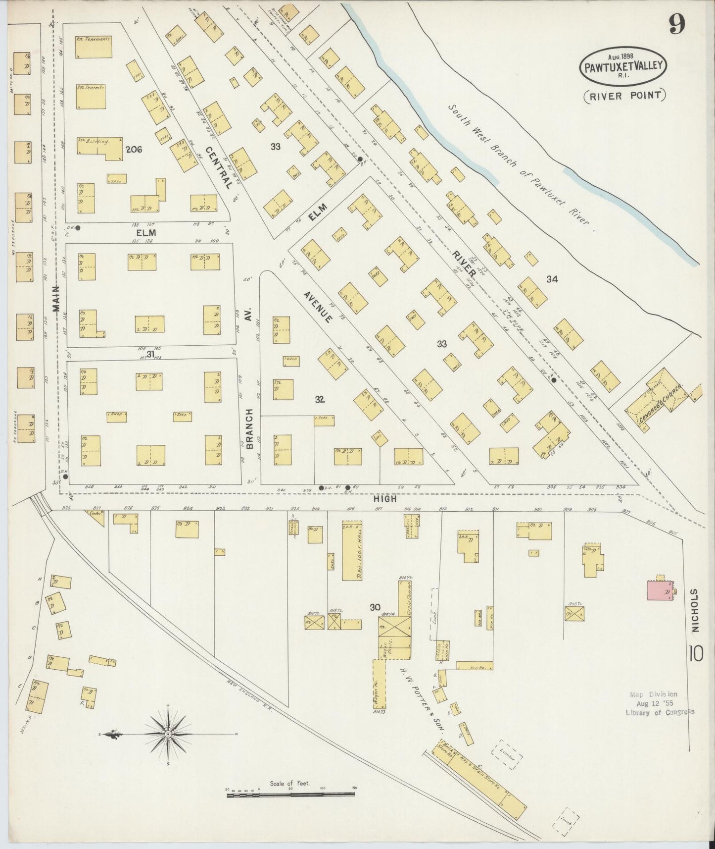 Sanborn Fire Insurance Map from Pawtuxet Valley, Kent and Providence Counties, Rhode Island (1898), Sheet #0009 - Historic Sanborn Fire Insurance Map Print, vintage old map wall art, antique decor, genealogy gift, Washington Washington map