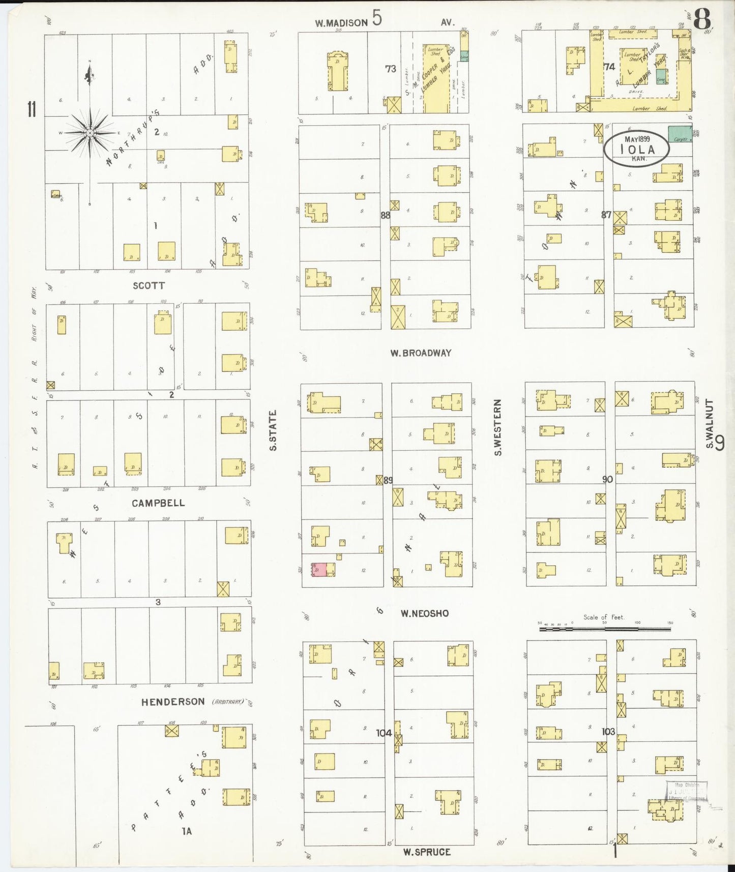 Sanborn Fire Insurance Map from Iola, Allen County, Kansas (1899), Sheet #0008 - Complete Map Set gallery image, historic Sanborn map, vintage wall art, Kansas Kansas