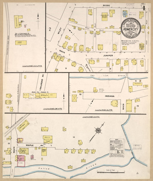 Sanborn Fire Insurance Map from Homer City, Indiana County, Pennsylvania (1910), Sheet #0001 - Historic Sanborn Fire Insurance Map Print, vintage old map wall art, antique decor, genealogy gift, Homer City Indiana map