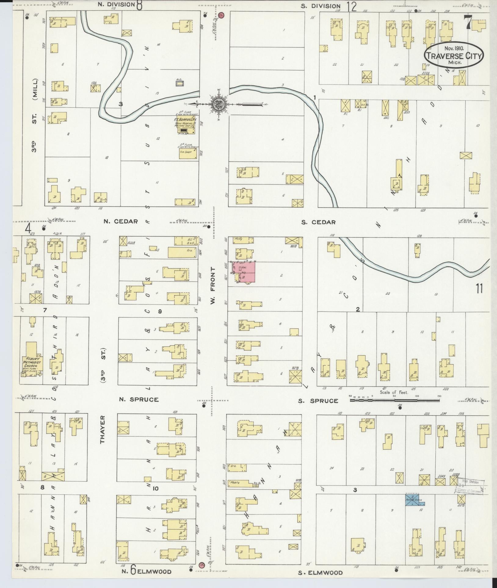Sanborn Fire Insurance Map from Traverse City, Grand Traverse County, Michigan (1910), Sheet #0007 - Historic Sanborn Fire Insurance Map Print, vintage old map wall art, antique decor, genealogy gift, Michigan Michigan map