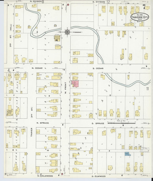 Sanborn Fire Insurance Map from Traverse City, Grand Traverse County, Michigan (1910), Sheet #0007 - Historic Sanborn Fire Insurance Map Print, vintage old map wall art, antique decor, genealogy gift, Michigan Michigan map