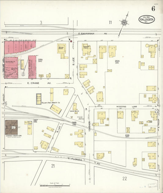Sanborn Fire Insurance Map from Valdosta, Lowndes County, Georgia (1922), Sheet #0006 - Historic Sanborn Fire Insurance Map Print, vintage old map wall art, antique decor, genealogy gift, Georgia Georgia map