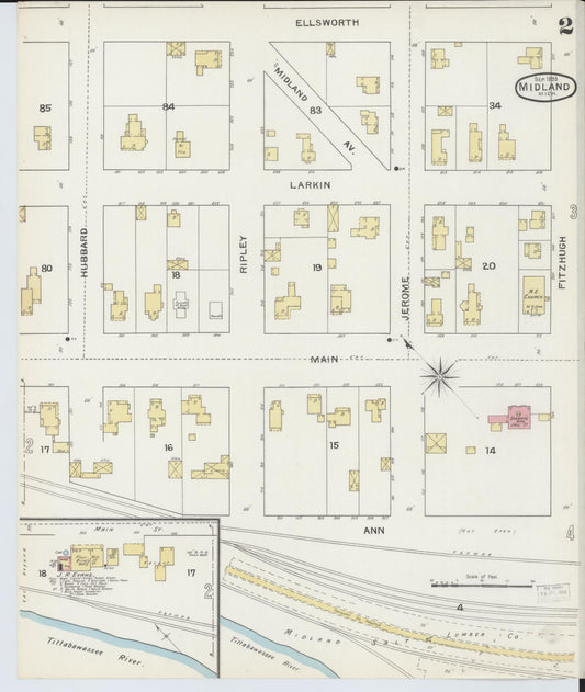Sanborn Fire Insurance Map from Midland, Midland County, Michigan (1893), Sheet #0002 - Historic Sanborn Fire Insurance Map Print, vintage old map wall art, antique decor, genealogy gift, Michigan Michigan map