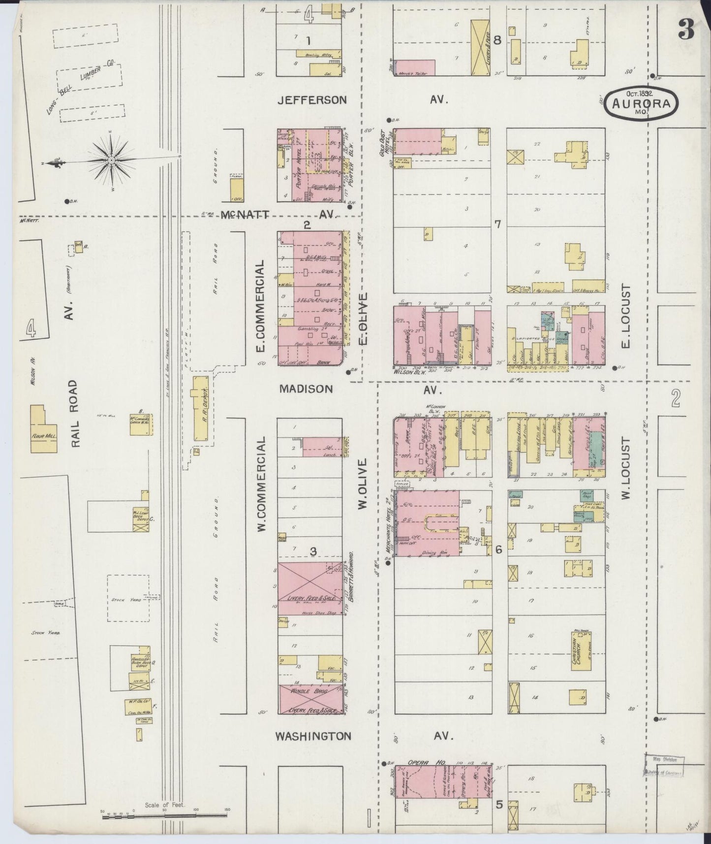 Sanborn Fire Insurance Map from Aurora, Lawrence County, Missouri (1892), Sheet #0003 - Complete Map Set gallery image, historic Sanborn map, vintage wall art, Missouri Missouri